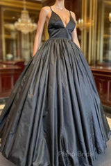 A Line V Neck Black Formal Prom Dresses With Pocket Long Satin Formal Graduation Dresses