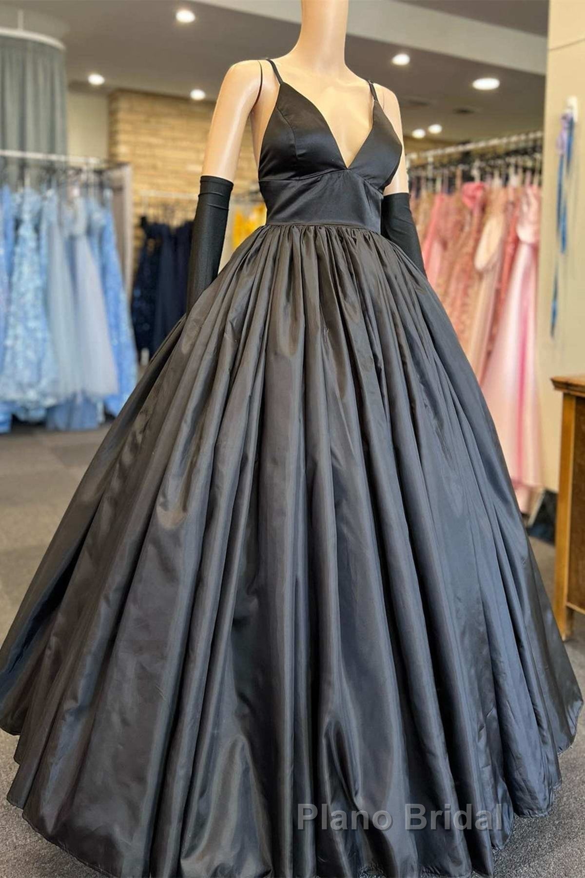 A Line V Neck Black Satin Long Formal Prom Dress with Pocket, V Neck Black Formal Graduation Evening Dress Secondary image
