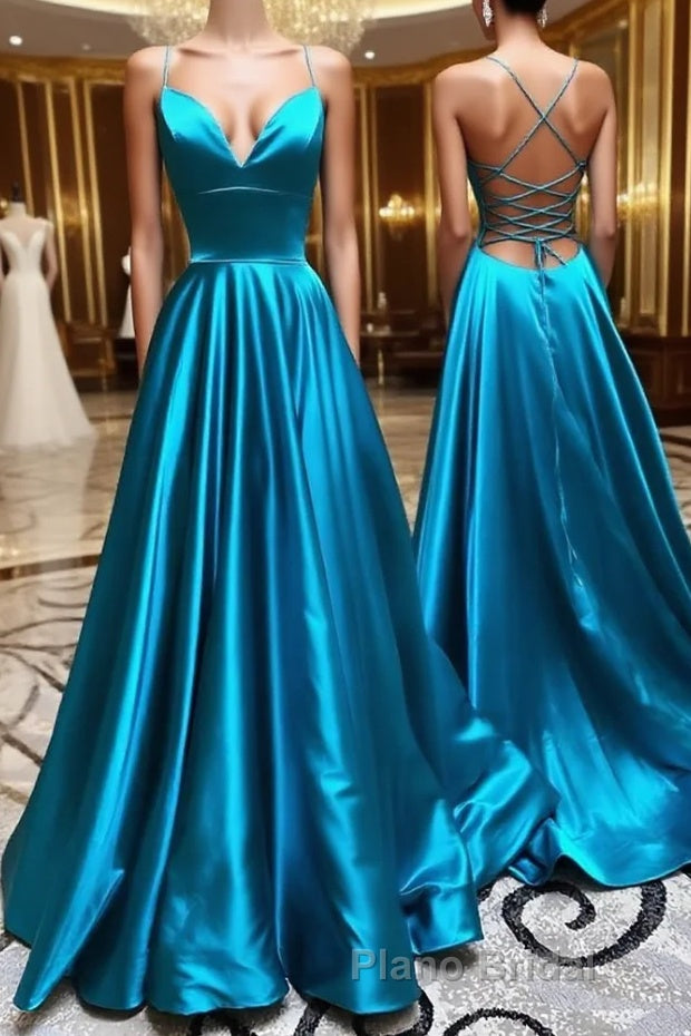 A Line V Neck Blue Backless Long Formal Prom Dresses, Open Back Blue Long Formal Evening Dresses