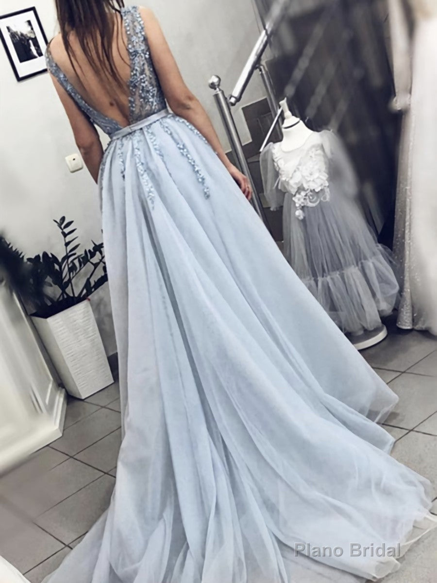 A Line V Neck Blue Beaded Long Prom Dresses, Blue Beaded Long Formal Evening Dresses Secondary image