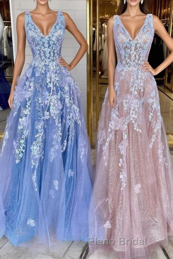 A Line V Neck Blue/Champagne Lace Floral Long Formal Prom Dresses, Blue/Champagne Lace Formal Evening Dresses Main image