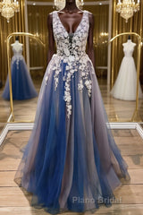 A Line V Neck Blue Lace Long Formal Prom Dress, Long Blue Formal Evening Dress