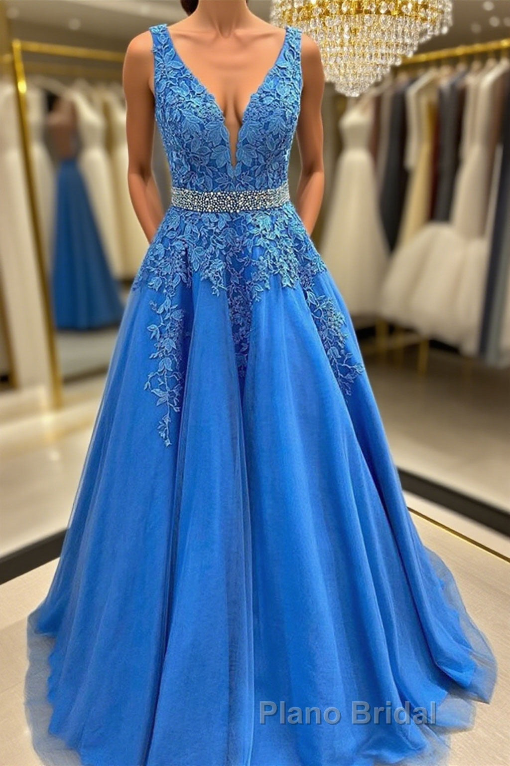 A Line V Neck Blue Lace Long Formal Prom Dresses with Belt, Blue Lace Formal Evening Dresses Main image