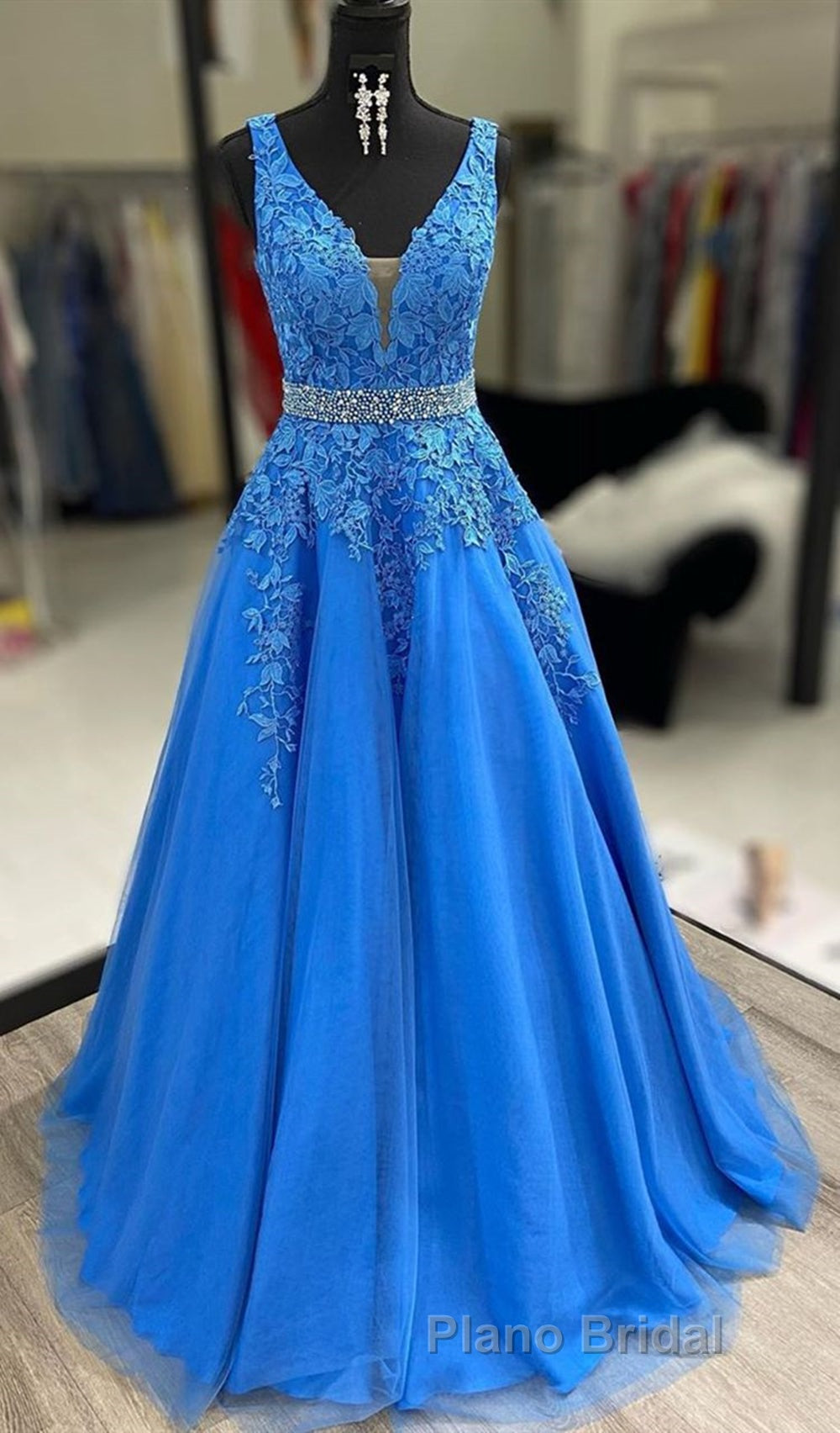 A Line V Neck Blue Lace Long Formal Prom Dresses with Belt, Blue Lace Formal Evening Dresses Secondary image