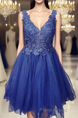 A Line V Neck Blue Lace Short Formal Prom Dress, Blue Lace Homecoming Dress, Short Blue Formal Evening Dress