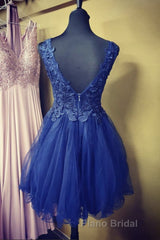 A Line V Neck Blue Lace Short Formal Prom Dress, Blue Lace Homecoming Dress, Short Blue Formal Evening Dress