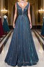 A-line V Neck Blue Long Formal Prom Dress, Blue Formal Dresses