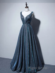 A-line V Neck Blue Long Formal Prom Dress, Blue Formal Dresses