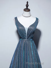 A-line V Neck Blue Long Formal Prom Dress, Blue Formal Dresses