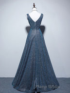 A-line V Neck Blue Long Formal Prom Dress, Blue Formal Dresses