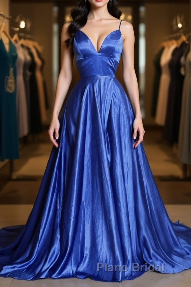 A Line V Neck Blue Long Formal Prom Dress, V Neck Blue Formal Graduation Evening Dress Main image