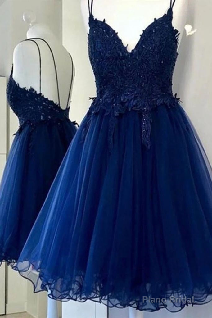 A Line V Neck Blue Short Prom Dresses Backless Homecoming Dresses Main image