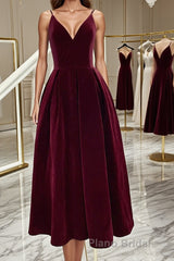 A Line V Neck Burgundy Black Tea Length Formal Prom Dresses, Short Black Wine Red Formal Homecoming Dresses
