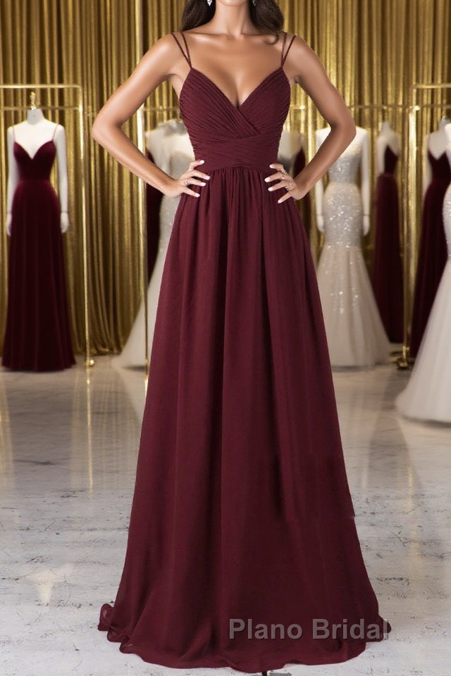 A Line V Neck Burgundy Chiffon Long Formal Prom Dress with Lace Back, V Neck Lace Back Burgundy Formal Graduation Evening Dress