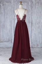 A Line V Neck Burgundy Chiffon Long Formal Prom Dress with Lace Back, V Neck Lace Back Burgundy Formal Graduation Evening Dress