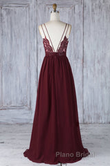 A Line V Neck Burgundy Chiffon Long Formal Prom Dress with Lace Back, V Neck Lace Back Burgundy Formal Graduation Evening Dress