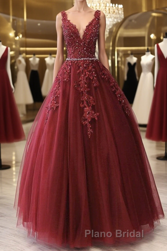A Line V Neck Burgundy Lace Formal Prom Dresses, Burgundy Lace Formal Dresses, Burgundy Evening Dresses Main image