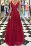 A Line V Neck Burgundy Lace Formal Prom Dresses, Wine Burgundy Lace Formal Evening Dresses
