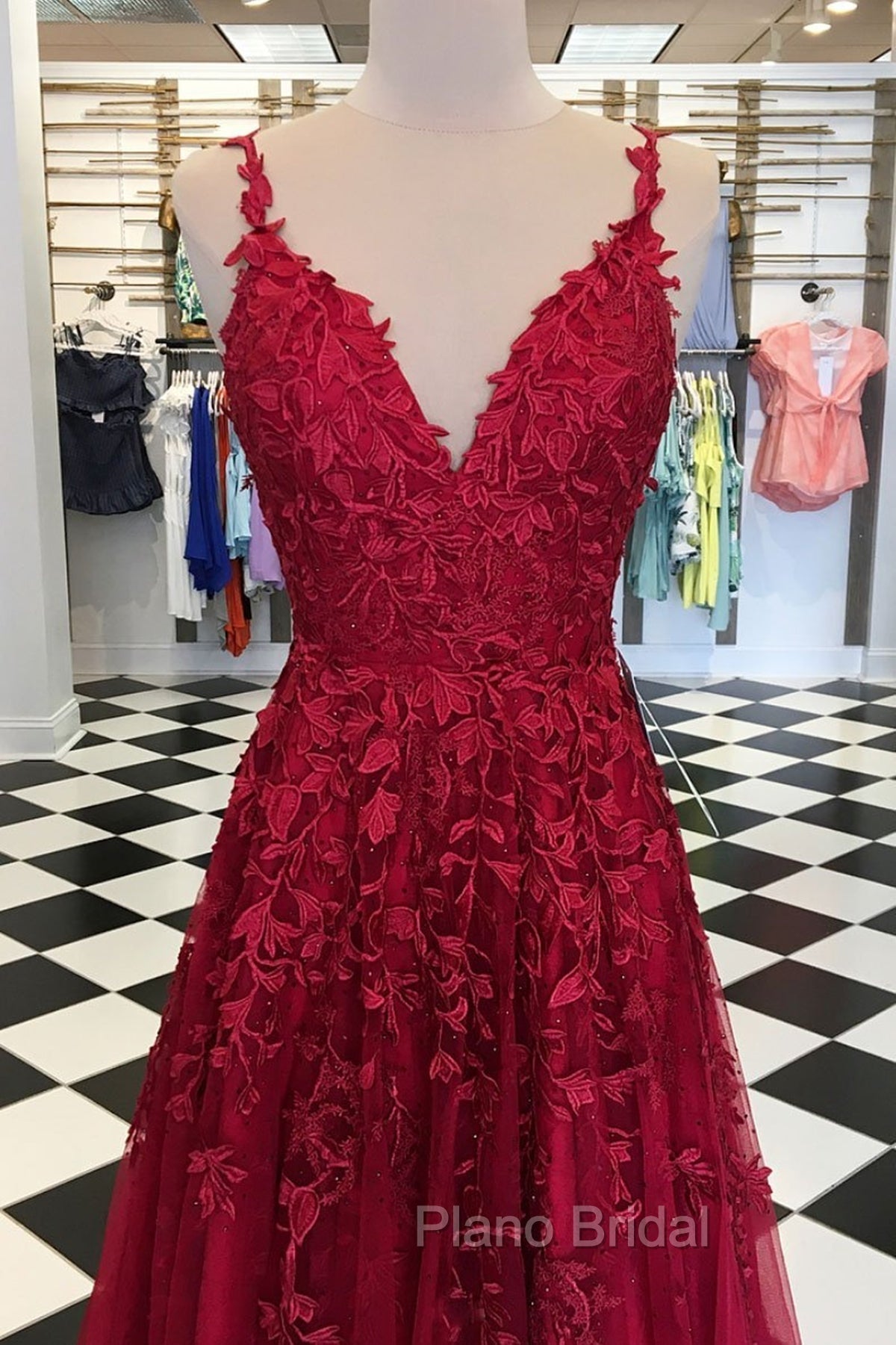 A Line V Neck Burgundy Lace Formal Prom Dresses, Wine Red Lace Formal Evening Dresses Secondary image