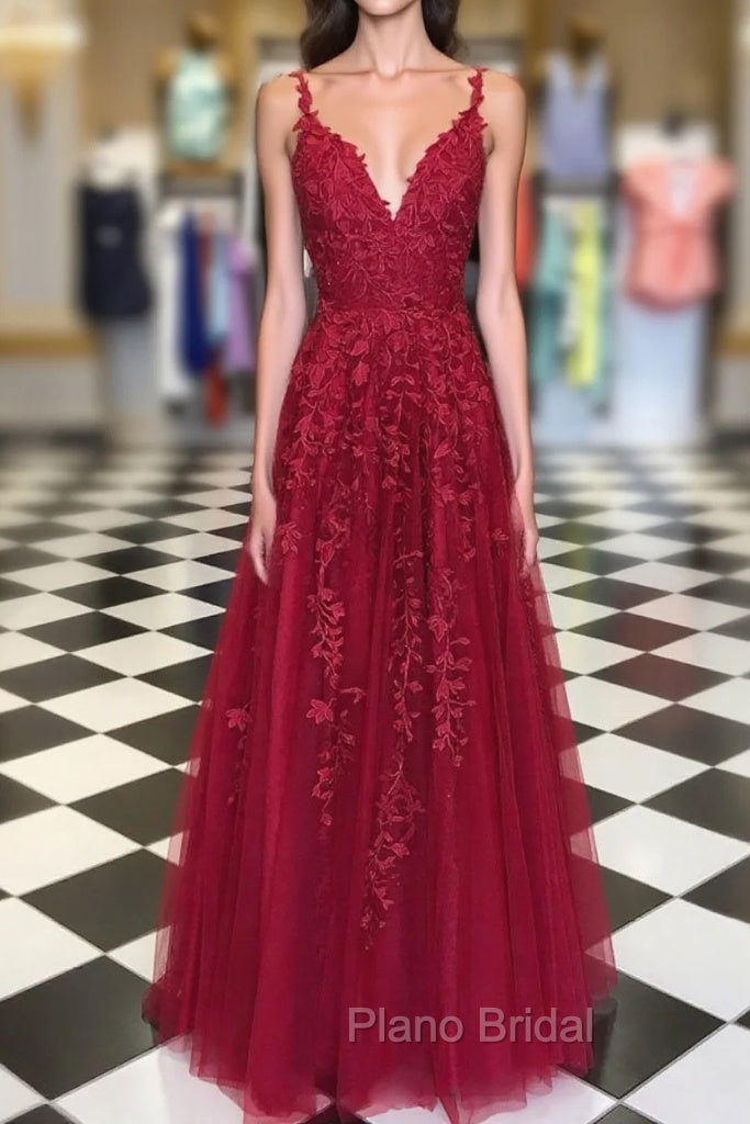 A Line V Neck Burgundy Lace Formal Prom Dresses, Wine Red Lace Formal Evening Dresses