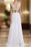 A-line V-neck Cap Sleeves Floor Length Chiffon Pearls Slit Formal Prom Gown
