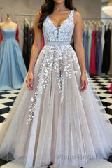 A Line V Neck Champagne Lace Formal Prom Dresses, Champagne Lace Formal Evening Dresses