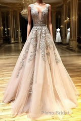 A Line V Neck Champagne Lace Formal Prom Dresses, V Neck Champagne Lace Formal Graduation Evening Dresses