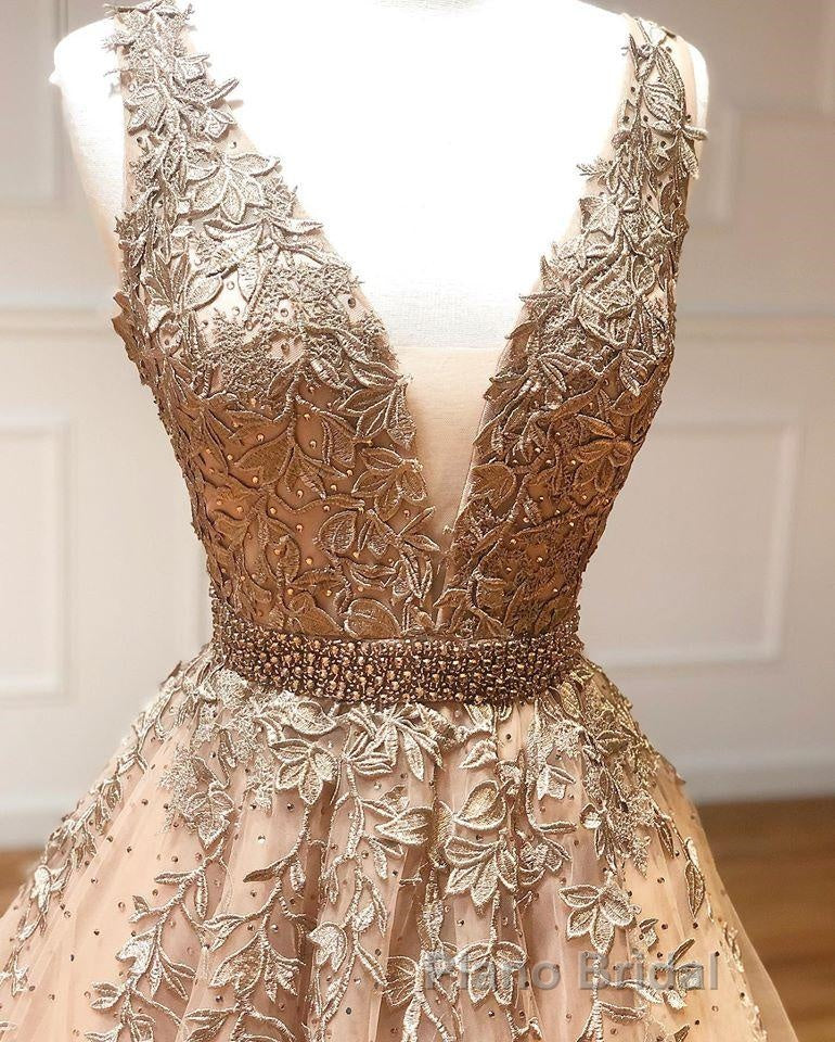 A Line V Neck Champagne Lace Formal Prom Dresses, V Neck Champagne Lace Formal Graduation Evening Dresses Secondary image