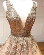 A Line V Neck Champagne Lace Formal Prom Dresses, V Neck Champagne Lace Formal Graduation Evening Dresses