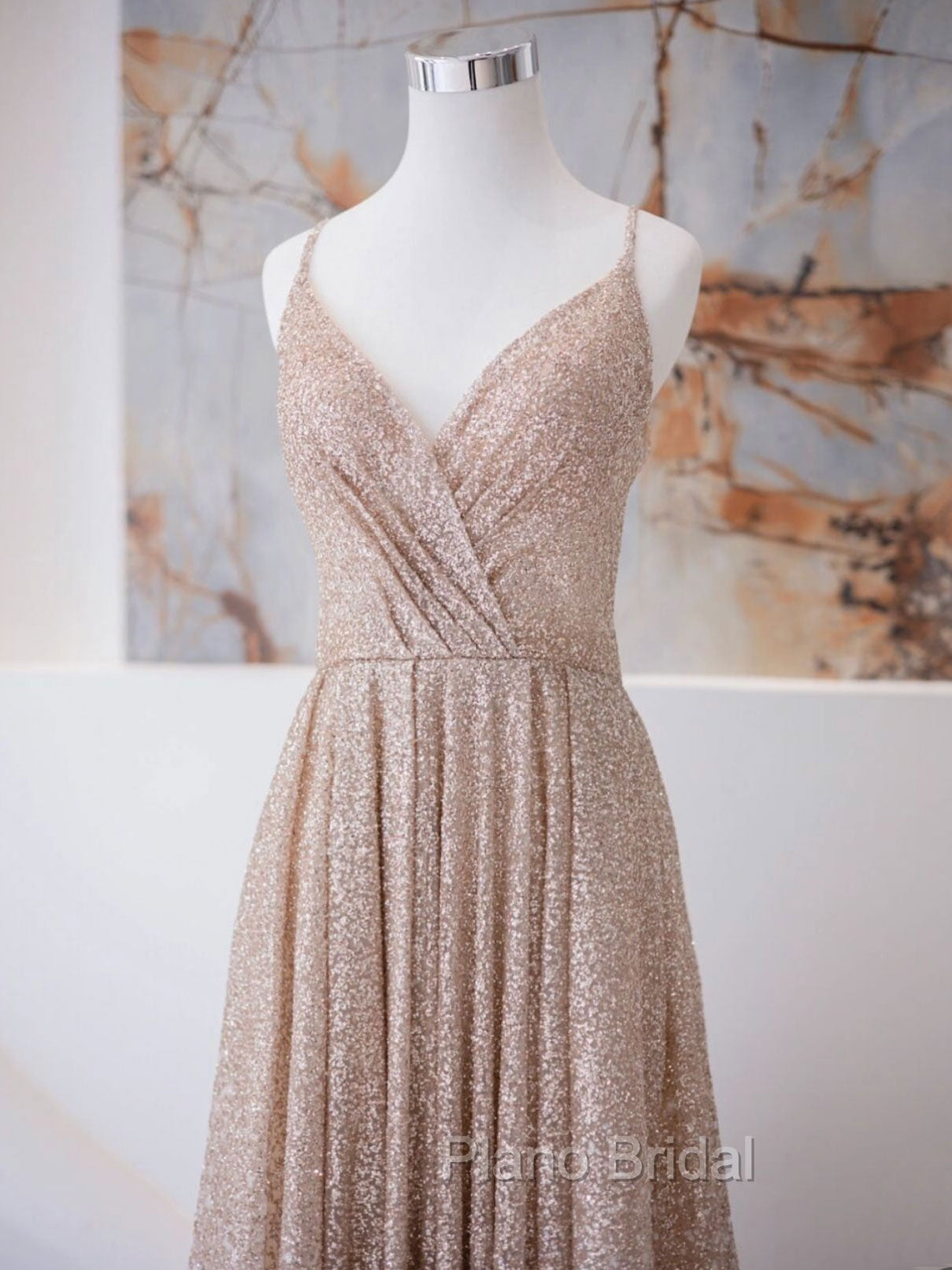 A Line V Neck Champagne Long Formal Prom Dresses, Shiny Tulle Champagne Evening Dresses Secondary image