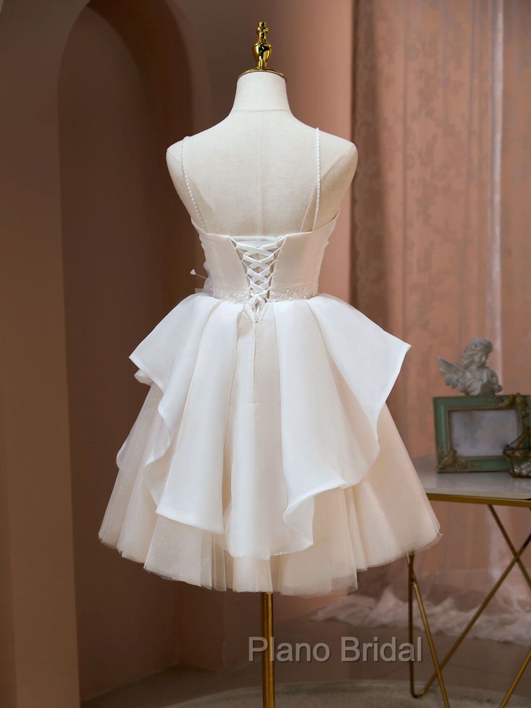 A Line V Neck Champagne Short Formal Prom Dresses, Formal Mini Gown Cute Puffy Homecoming Dresses Secondary image