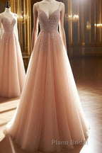 A Line V Neck Champagne Tulle Long Beaded Formal Prom Dresses, Champagne Long Formal Evening Dresses