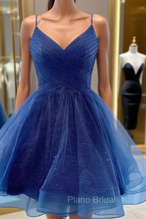 A Line V Neck Dark Blue Short Formal Prom Dresses, Short Blue Graduation Homecoming Cocktail Dresses Main image