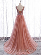 A Line V Neck Dark Pink Beaded Long Formal Prom Dresses, V Neck Pink Long Formal Graduation Dresses