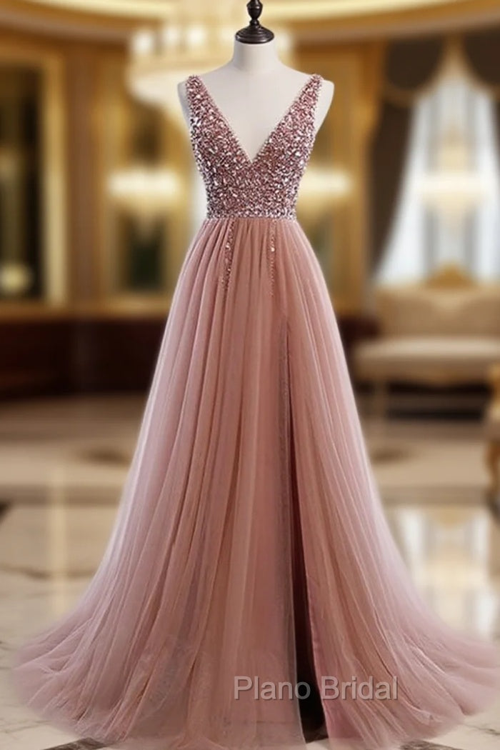A Line V Neck Dark Pink Beaded Long Formal Prom Dresses, V Neck Pink Long Formal Graduation Dresses