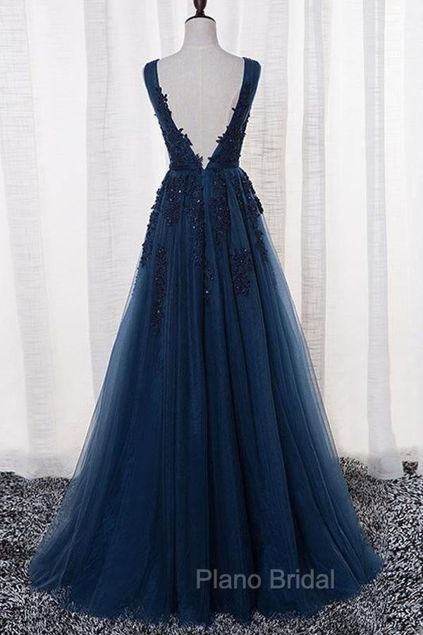 A-Line V-Neck Floor Length Navy Blue Formal Prom Dresses With Appliques