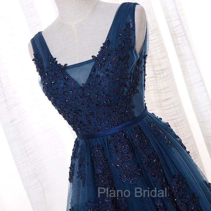 A-Line V-Neck Floor Length Navy Blue Formal Prom Dresses With Appliques