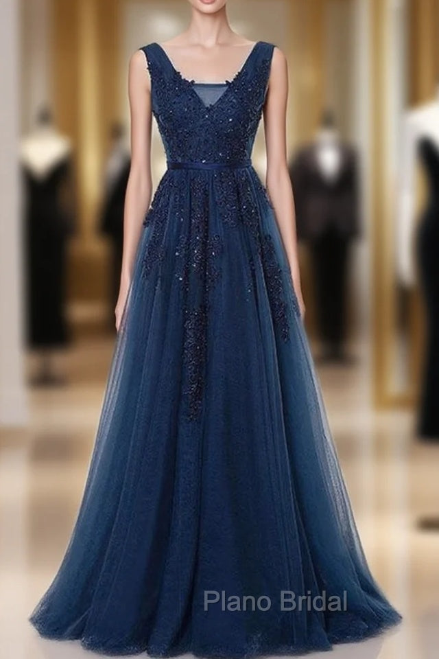 A-Line V-Neck Floor Length Navy Blue Formal Prom Dresses With Appliques Main image