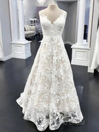 A Line V Neck Floral Lace Long Formal Prom Dresses