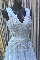 A Line V Neck Floral Light Blue Lace Long Formal Prom Dress, Light Blue Lace Formal Graduation Evening Dress