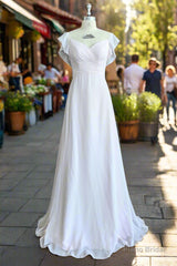 A-line V-Neck Flutter Sleeves Bridesmaid Dress Floor-Length Chiffon Wedding Dress With Ruffle