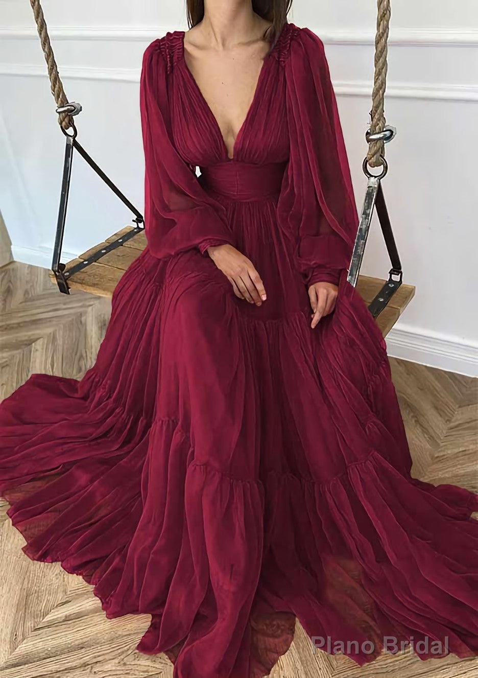 A-line V Neck Full/Long Sleeve Long/Floor-Length Chiffon Prom Dresses With Pleated