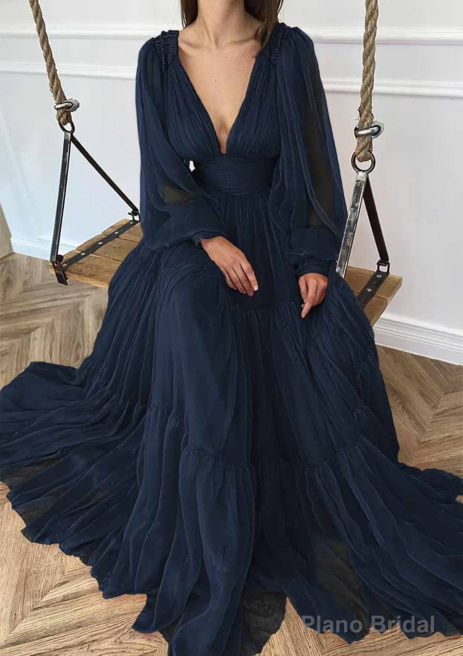 A-line V Neck Full/Long Sleeve Long/Floor-Length Chiffon Prom Dresses With Pleated
