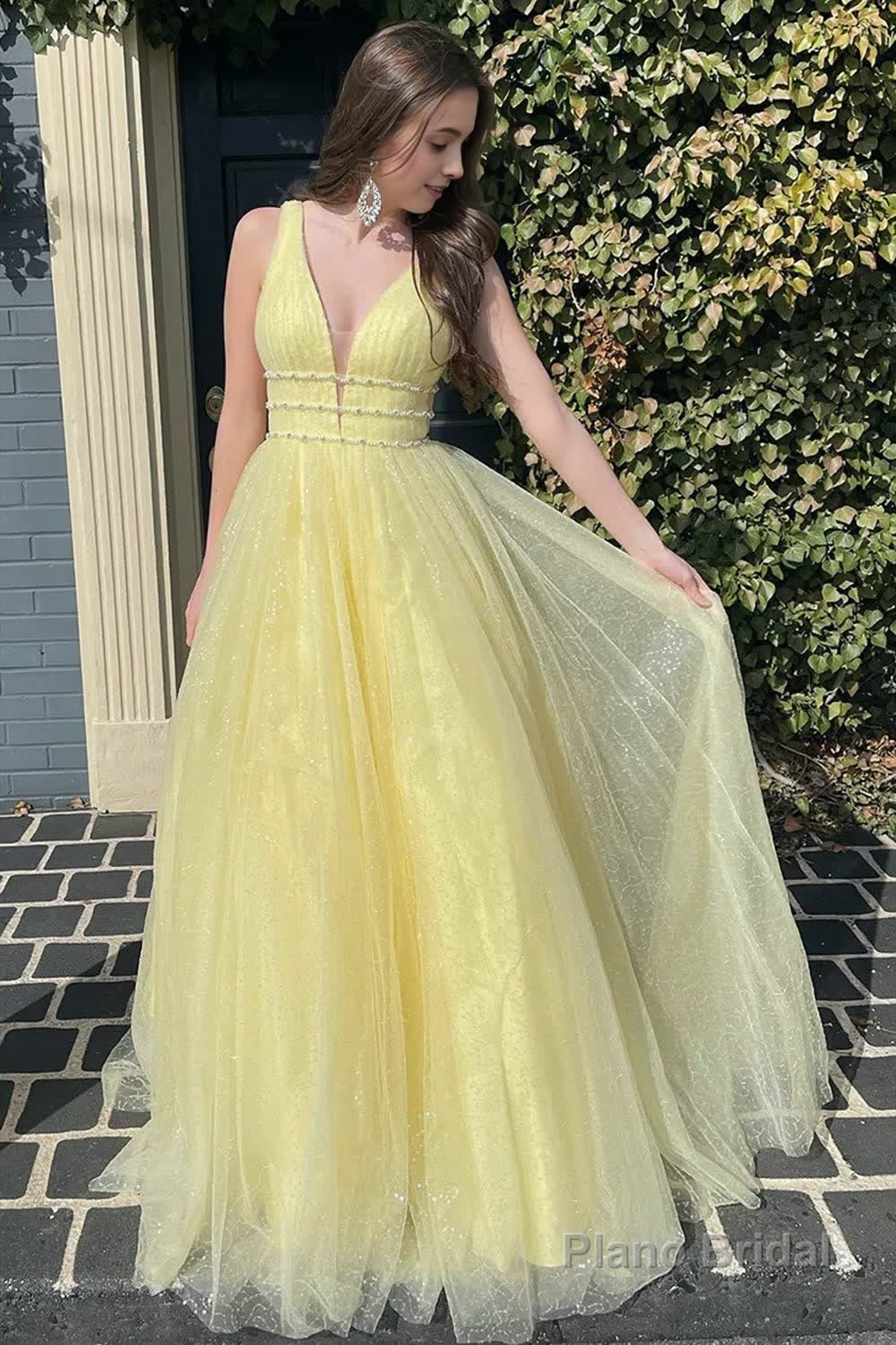 A-Line V Neck Glitter Tulle Prom Dress Main image