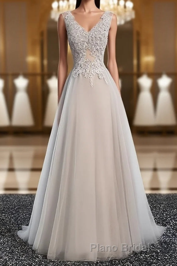 A Line V Neck Gray Floral Long Formal Prom Dresses, V Neck Gray Long Floral Formal Bridesmaid Dresses Main image