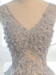 A Line V Neck Gray Floral Long Formal Prom Dresses, V Neck Gray Long Floral Formal Bridesmaid Dresses