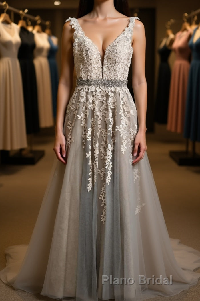 A Line V Neck Gray Lace Long Formal Prom Dress with Belt, Gray Lace Floral Formal Dress, Gray Lace Evening Dress Main image