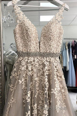 A Line V Neck Gray Lace Long Formal Prom Dress with Belt, Gray Lace Floral Formal Dress, Gray Lace Evening Dress