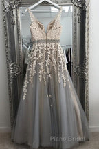 A Line V Neck Gray Lace Long Formal Prom Dress with Belt, Gray Lace Floral Formal Dress, Gray Lace Evening Dress