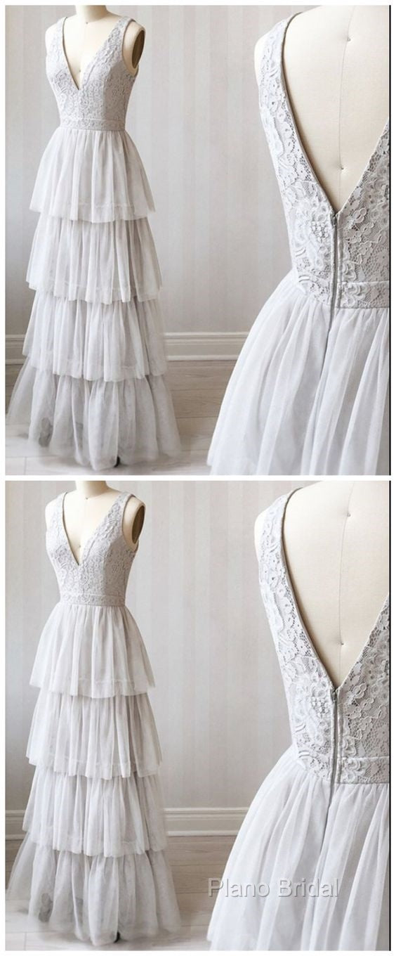 A Line V Neck Gray Lace Formal Prom Dresses, V Neck Gray Lace Formal Graduation Bridesmaid Dresses